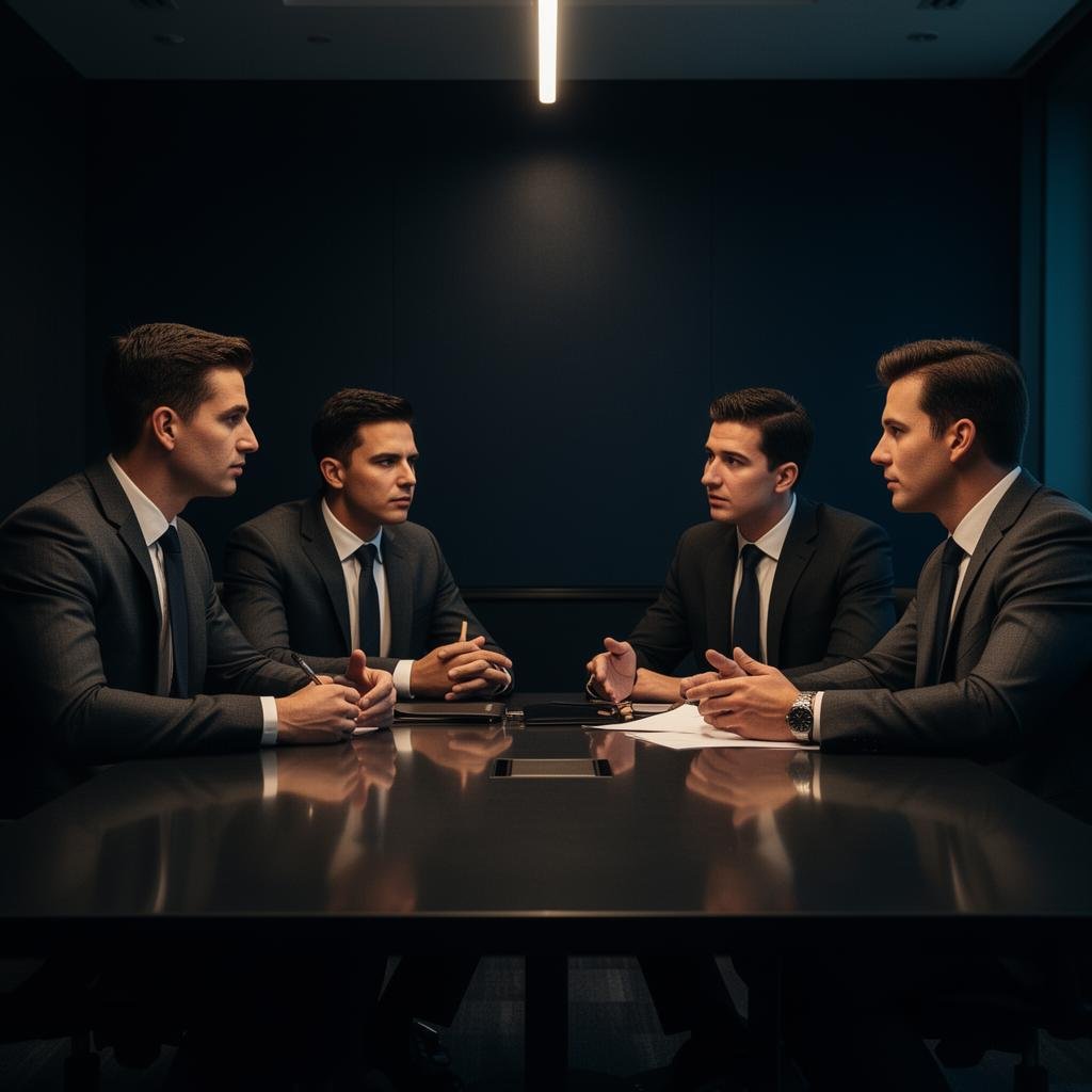 Corporate security executive in a boardroom reviewing protection plans